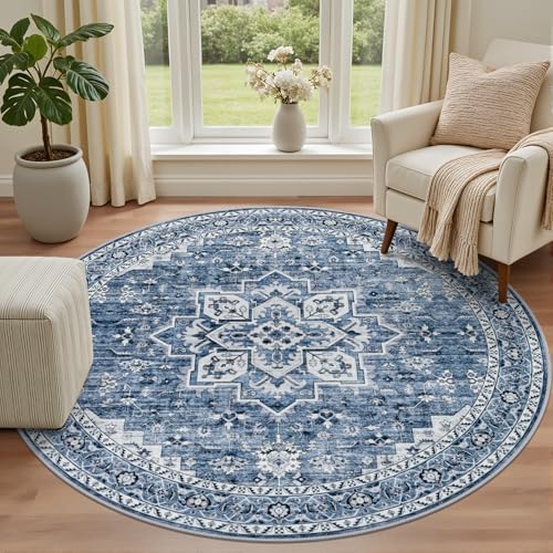 Round Area Rug for Living Room: 4ft Washable Rug for Bedroom Blue - Image 2