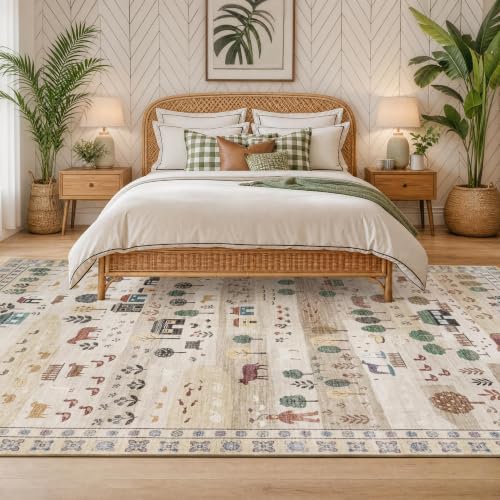 Machine Washable Area Rug 8x10 Ft, Whimsical Rug, Vintage Farmhouse, Beige - Image 4