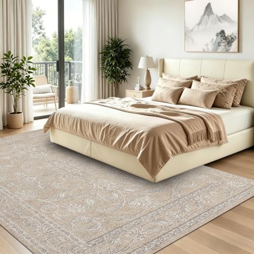 RCTJHOME 4x6 Beige Grey Vintage Floral Washable Area Rug Non-Slip Carpet - Image 2