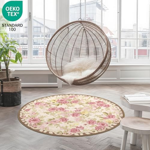 Washable 4ft Round Area Rug, Cream Boho Floral Non-Slip for Bedroom Kitchen - Image 3