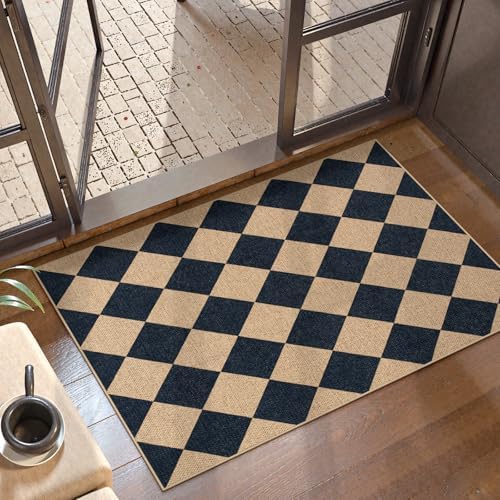 Lahome Checkered Easy Jute Non Slip Front Door Mat, 2x3 Kitchen Rug Neutral Small Throw Rug, Farmhouse Diamond Washable Non Shedding Low Pile Black Floor Carpet for Entryway Front Porch Doorway by Lahome