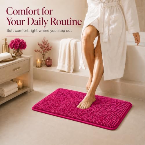 Deep Pink Plush Bath Set - 3 Piece Anti-Slip Mats, Soft Chenille Shaggy Mat for Bathroom, Bedroom & Living Room, Water Absorbent - Image 6