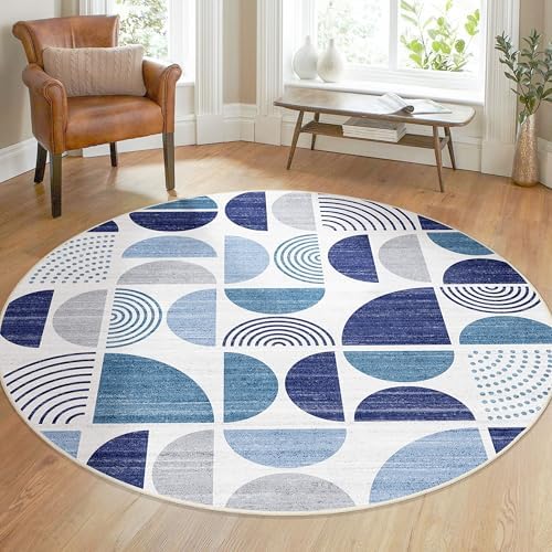 MUJOO Round Rugs 5ft,Circle Area Rug Washable Non Slip Modern Abstract - Image 3