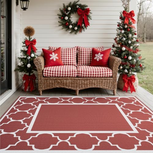 GENIMO Outdoor Rug, Waterproof Plastic Rugs for Patio, 5'x8' Red White - Image 3