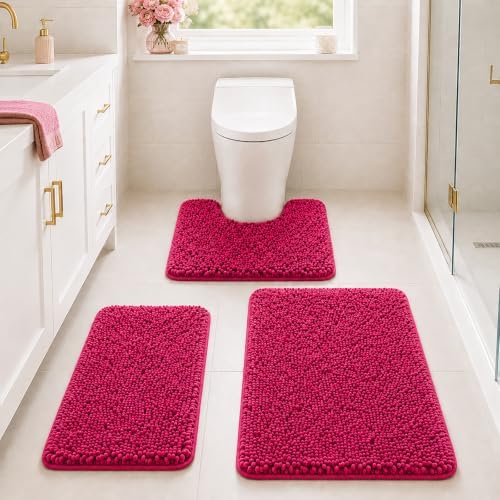 Deep Pink Plush Bath Set - 3 Piece Anti-Slip Mats, Soft Chenille Shaggy Mat for Bathroom, Bedroom & Living Room, Water Absorbent by RUNHELIX