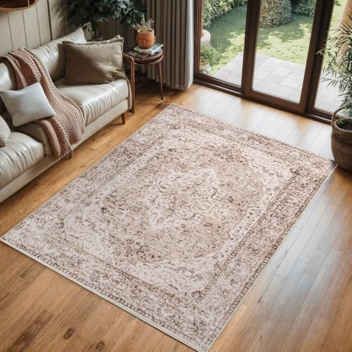 Lofus 3x5 Area Rugs for Living Room, Machine Washable Area Rug, Soft Small Rugs for Bedroom, Kitchen, Office and Indoor, Vintage Boho Carpet, Non-Slip Low Pile Carpets, Vintage Beige Brown by Lofus