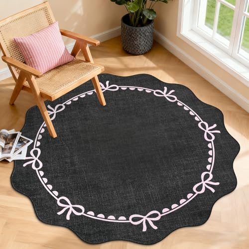 GarveeHome 4ft Round Rugs Washable Scalloped Bow Rug for Bedroom Black Pink by GarveeHome