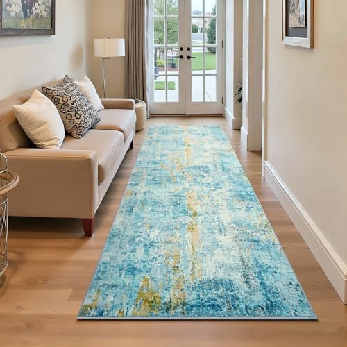 2x6 Teal Blue Rug Runners for Hallways Kitchen Runner Rug Non Slip Washable Long Runner Rugs with Rubber Backing Soft Abstract Carpet Runner for Bedroom, Kitchen, Bathroom, Entryway by OmpaaHomeDecor