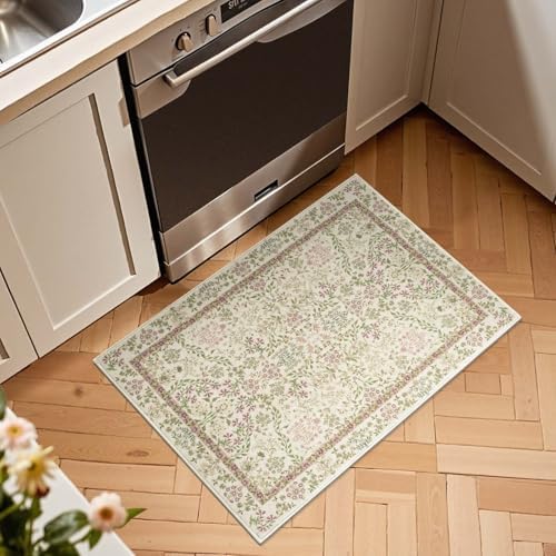 jinchan 2x3 Washable Entryway Area Rug, Floral Non-Slip, Pastoral Green - Image 2