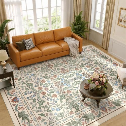 Floral 8x10 Area Rugs for Living Room, Machine Washable Vintage Rug Boho Low Pile Carpets Non Slip Soft Carpet for Farmhouse Bedroom Office Rugs, Kids Room, Nursery Room, Playroom, Beige by NEIGELUO