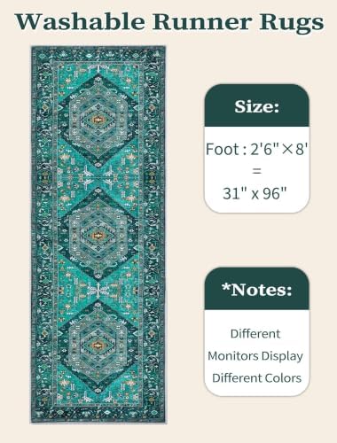 SERISSA 2'6"x8' Washable Non Slip Boho Runner Rug for Hallway，Teal - Image 6