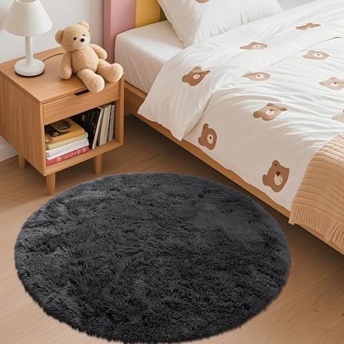 OLANLY Black Round Rugs for Bedroom - Machine Washable, 3 ft Circle Area Rugs for Living Room, Soft and Fluffy Shaggy Carpet for Teen Girls and Boys, Nursery Rooms, Dorms, Home Decor Aesthetic - Image 3