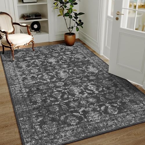 4x6 Washable Bedroom Area Rug Non-Slip Vintage Black Throw Carpet by HOME