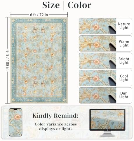 LAISE 6x9 Area Rug, Blue Floral Boho Washable Rugs for Living Room Bedroom - Image 2