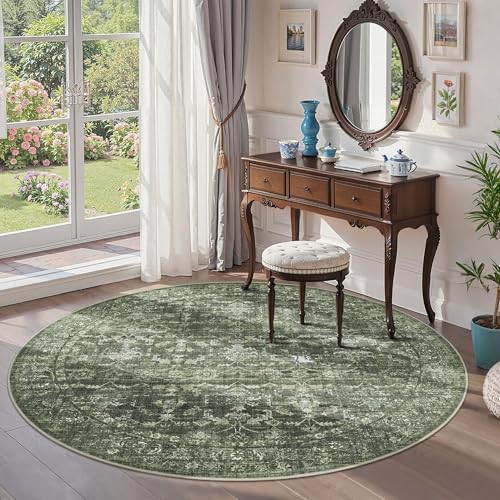 6ft Round Washable Living Room Rug Soft Retro Dark Green Throw Carpet - Image 5