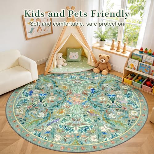 nesrt Boho Washable Round Bird Rug 8ft for Living Room, Soft Non-Slip Large Indoor Circle Rug, Low Pile Jungle Floral Decorative Nursery Carpet for Bedroom Dining Room Farmhouse Playroom (Green) - Image 4