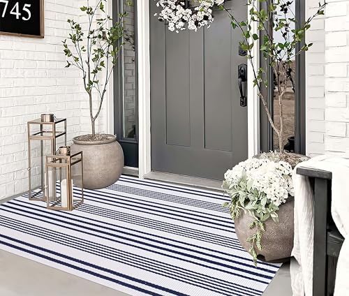 BUAGETUP Washable Outdoor Rug 3'x 5',Blue and White Cotton Front Porch Rug - Image 6
