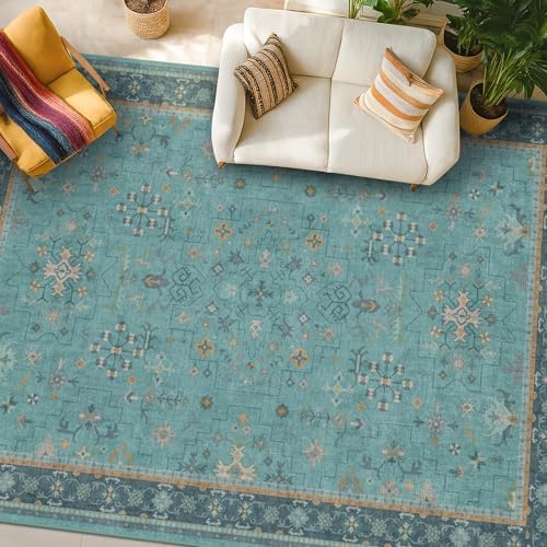 Large Boho 8x12 Teal Green Washable Living Room Rug - Vibrant Turquoise Rug for Bedroom Under Bed, Dining Room Under Table, Geometric Floral Low Pile & Soft Stain Resistant Carpet by HazoHaus