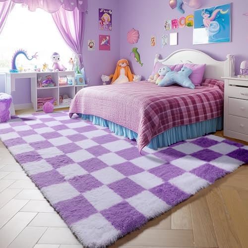 KICMOR Purple Rugs for Living Room Bedroom, Fluffy Soft Checkered 5x8 Area Rug Fuzzy Shag Shaggy Carpet, Indoor Furry Plush Floor Rugs for Kids Girls Boys Baby Teen Dorm Nursery Home Decor Aesthetic - Image 3