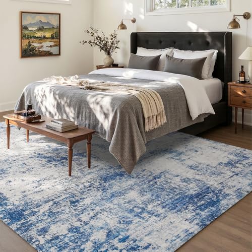 9x12 Blue Gray Washable Area Rug for Living Room, Vintage Print - Image 2