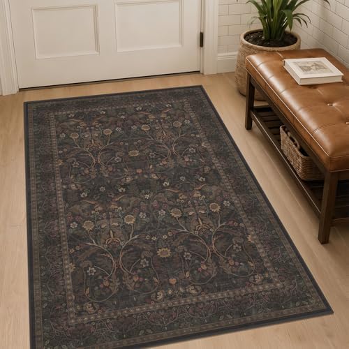 Rustic Brown 3x4 Large Washable Entryway Rug Indoor - Stain Resistant Kitchen Sink Floor Mat Non Slip, Dark Floral Pattern Cabin Area Rug for Bedroom Beside Bed, Mudroom by Evyhood