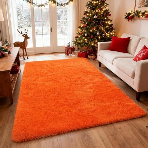 Shag Area Rugs for Bedroom Living Room,Orange 4X6 Ultra Soft Fluffy Area Rugs for Dorm,Indoor Carpet Plush Rugs for Home Halloween Decor by Boshengya