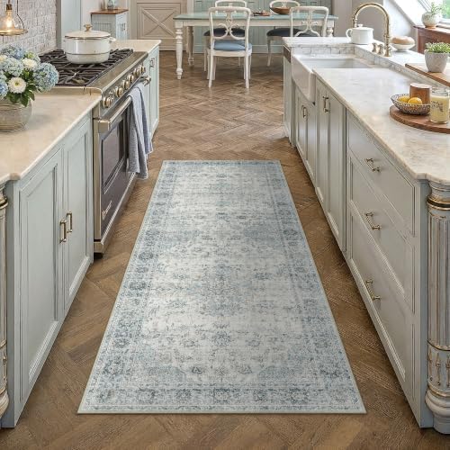 HUGEAR 2x6 Light Blue Retro Floral Washable Runner Rug for Hallway - Image 2