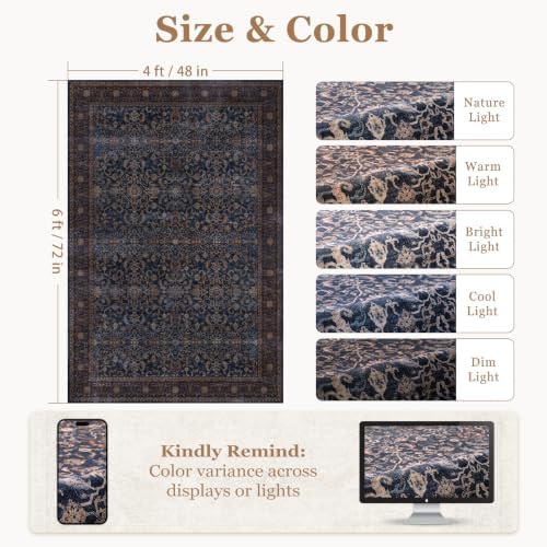 Washable Area Rug 4'x6' Living Room, Vintage Old Money, Dark Blue - Image 2