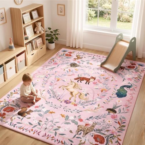 jinchan 8x10 Kids Playroom Rug Washable Girls Room Nursery Unicorn Rug Pink by JINCHAN