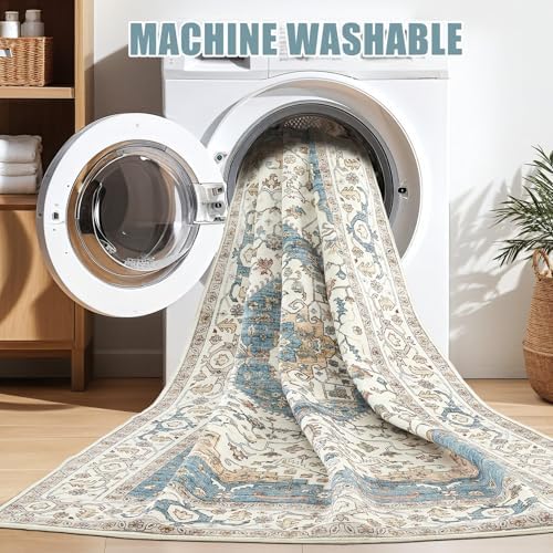 Vintage 5x7 Rugs for Living Room Washable Area Rug Blue/Beige - Image 3