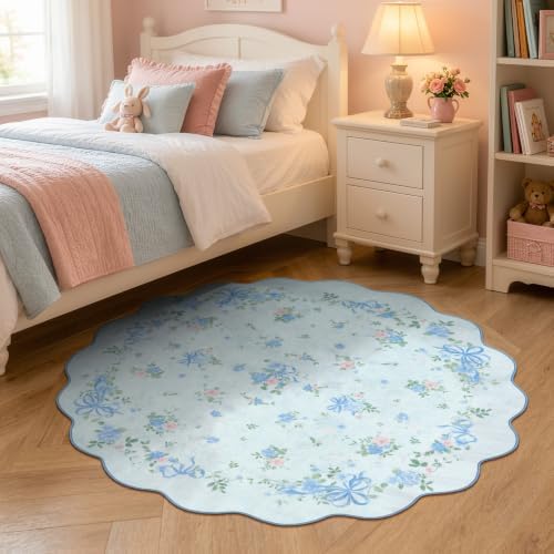 Wonnitar 4ft Blue Round Rug for Nursery, Bow Floral Small Circle Rug - Image 5