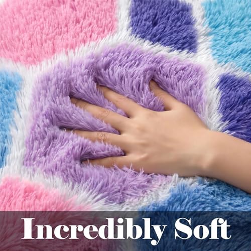 Checkered 6x9 Area Rugs for Living Room, Fluffy Purple Rainbow Girls Rug - Image 2