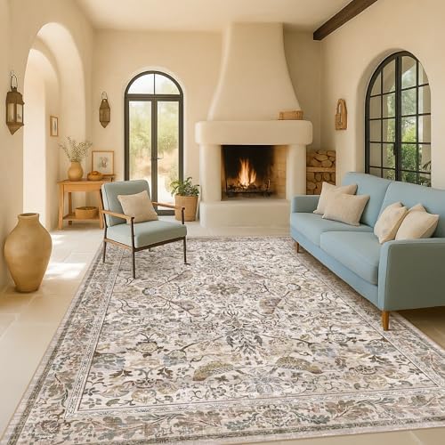 Moss Washable 7x9 Living Room Area Rug, Boho Floral Dining Room Under Kitchen Table, Low Pile Soft Farmhouse Bedroom Carpet, Moss Home Décor, Non Slip & Stain Resistant by HazoHaus
