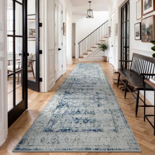 Morebes Extra Long Hallway Runner Rug 12ft, Gray Washable Kitchen Rugs Runner Non-Slip, Vintage Carpet Runner for Hall Entryway Corridor Laundry Room, Soft Low Pile Indoor Rug(2.5x12, Blue-Gray) by Morebes