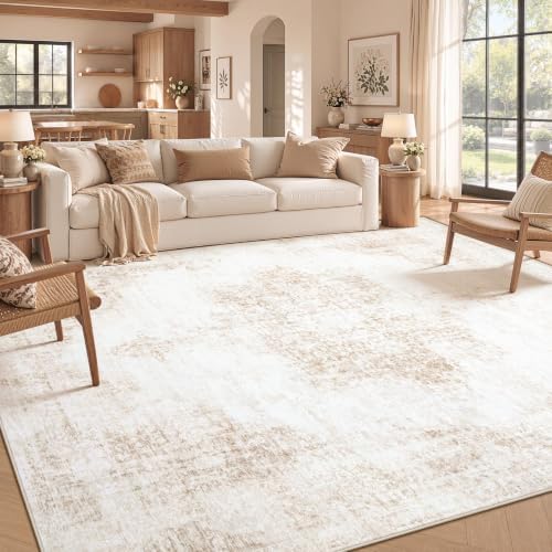 Area Rugs 8x10 Vintage Rug: Large Washable Living Room Rug Retro Medallion Distressed Rugs Soft Low Pile Non-Slip Indoor Floor Carpet for Bedroom Kitchen Nursery Dining Table Office (Beige, 8'x10') - Image 3