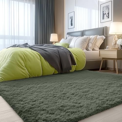 OLANLY 3x5 Machine Washable Small Bedside Rug, Soft Fluffy Shaggy Rugs for Living Room, Bedroom, Indoor Floor Carpet for Kids Girls and Boys, Preppy Dorms, Nursery, Home Decor Aesthetic, Olive Green - Image 7