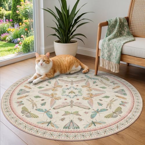 Boho Light Pink Round Rugs for Kids Bedroom - 4 ft Unique Circle Area Rugs for Baby Nursery, Washable Low Pile & Soft Cute Throw Rugs for Living Room, Playroom, Reading Corner, Fun Insect Décor - Image 3