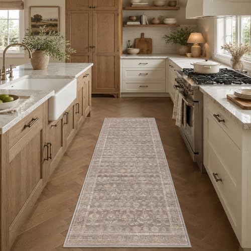Kitchen Washable 2.6x8 Runner Rug Soft Retro Throw Carpet Taupe Wheat - Image 2