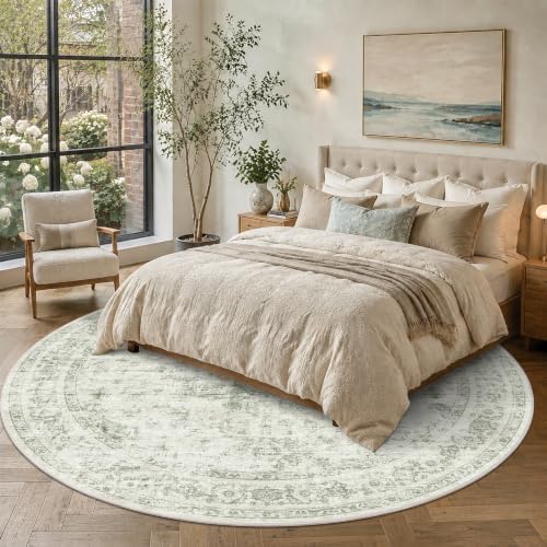 8ft Round Washable Living Room Rug Soft Medallion Green Throw Carpet - Image 4