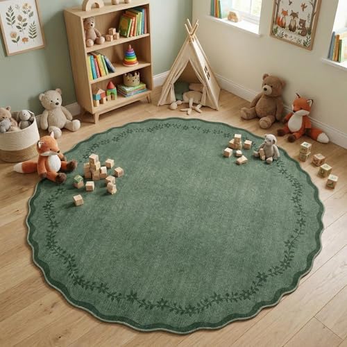 GarveeHome Round Rugs 4ft Scalloped Washable Small Circle Rug for Kids Room by GarveeHome