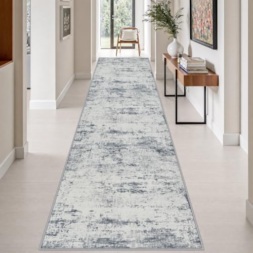 3x14 Washable Runner Rug：Modern Abstract Soft Carpet Blue Grey by FXRHLP