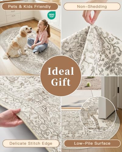 Madane Oval Rug 3x5 for Entryway Kitchen, Small Oval Area Rugs, Beige/Brown - Image 6