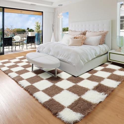 KICMOR Living Room Rug 5x8 Brown and Cream White, Large Fluffy Shag Fuzzy Checkered Area Rugs Shaggy Bedroom Carpet, Indoor Soft Plush Furry Big Rug for Teen Kids Boys Girls Room Nursery Home Decor - Image 3