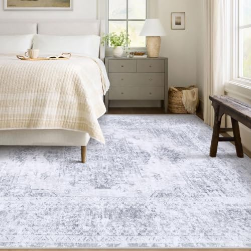 XLUEZ Area Rug 6x9 Living Room Rug, Machine Washable Vintage Distressed Medallion Rug Non-Slip Soft Low Pile Large Indoor Rugs for Bedroom Kitchen Dining Room Office(LightGrey,6'x9') - Image 2