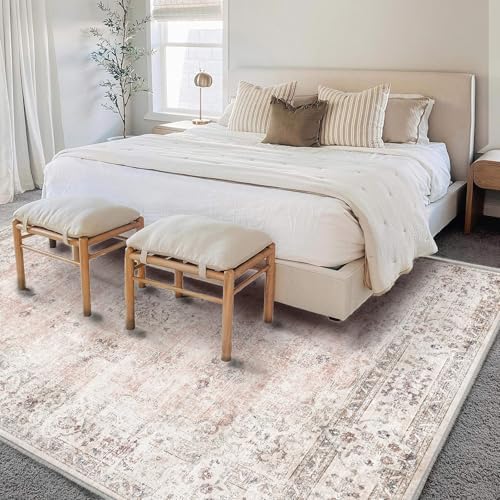 CHAMPLANT Washable Area Rug 4'x6' Vintage Traditional Floor Cover Foldable Thin Rugs Retro Kitchen Indoor Distressed Non Slip Carpet Floral Print Mat Bedroom Living Room - Image 2