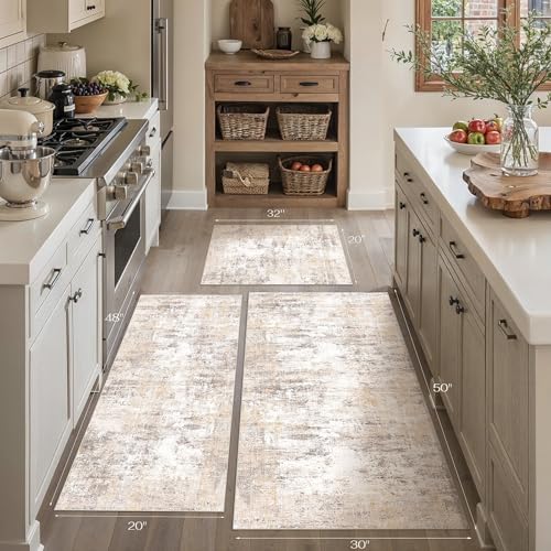 Washable Beige Grey Neutral Kitchen Runner Rug Set of 3 - Image 4
