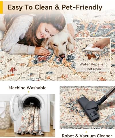RELEANY Washable Area Rug, Large 9'x12', Beige/Blue/Orange - Image 5