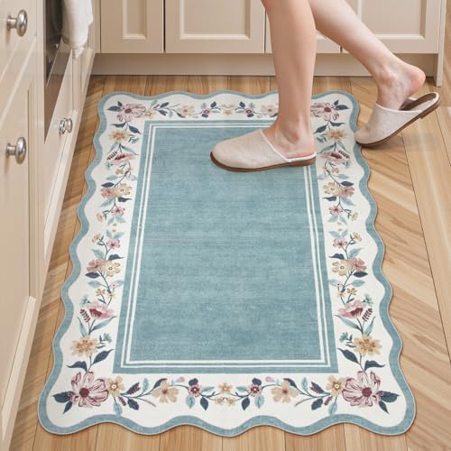 Lahome Floral Blue Kitchen Rug 2x3, Small Scalloped Entryway Rug by Lahome
