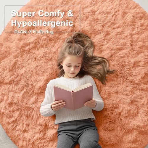 OLANLY Muted Orange Round Rugs for Bedroom - Machine Washable, 5 ft Circle Area Rugs for Living Room, Soft and Fluffy Shaggy Carpet for Teen Girl and Boys, Nursery Rooms, Dorms, Home Decor Aesthetic - Image 6