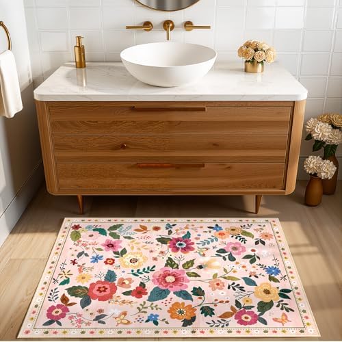 RELEANY Floral Washable 2x3 Area Rugs Doormat Pink - Image 3